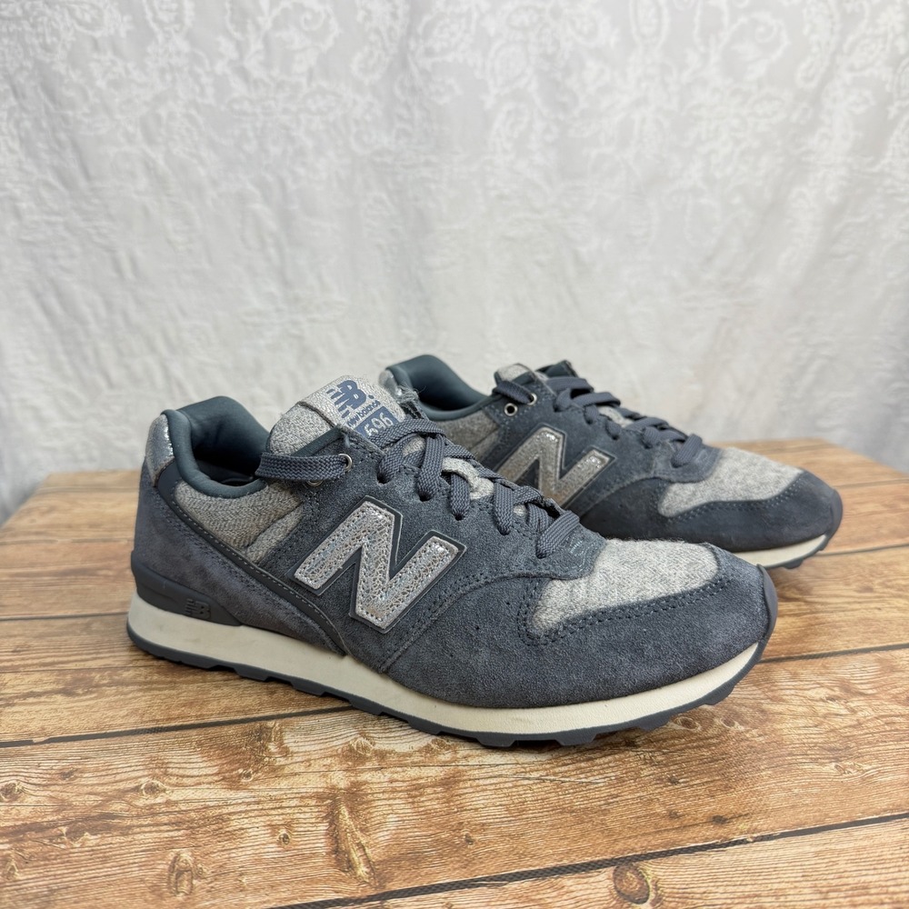 New Balance Women 696 Grey Suede Tweed Metallic Silver Sneakers WR696EA Gorpcore